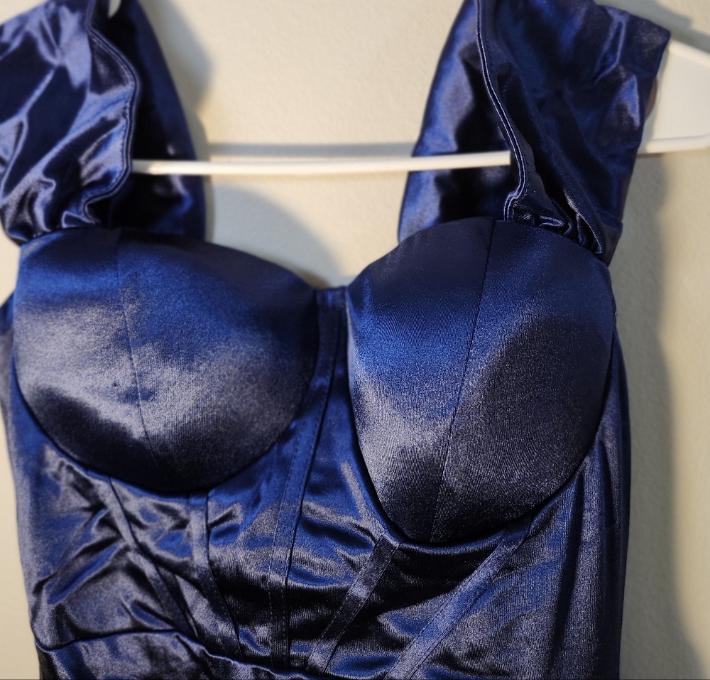 Elegant Navy Satin Women's Long Dress
